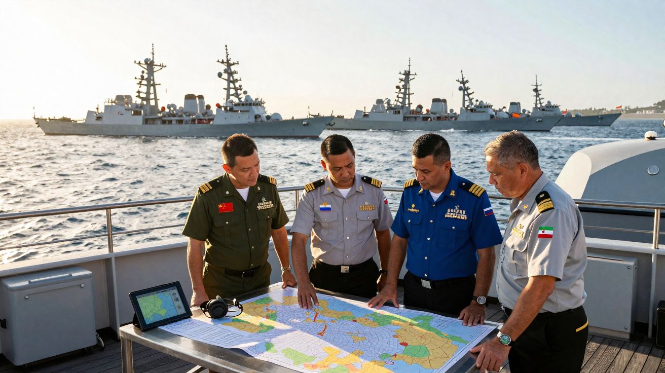 Quatro militares planeiam numa mesa com um mapa no convés de um navio, com navios militares ao fundo no mar.