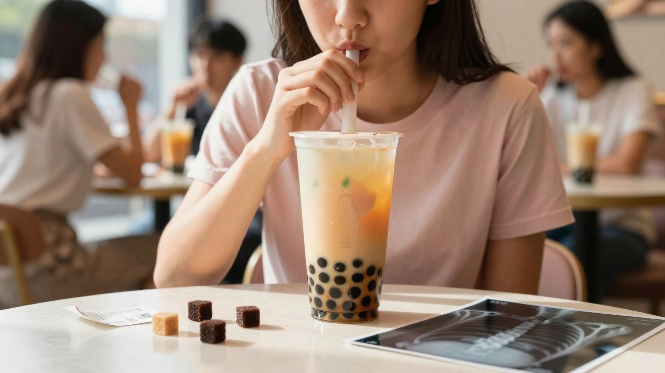 Pessoa a beber chá de bolhas num copo de plástico, com um exame radiológico e cubos de açúcar na mesa.