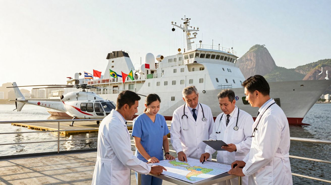Equipe médica em reunião junto a um navio hospital e um helicóptero na doca, analisando mapas.