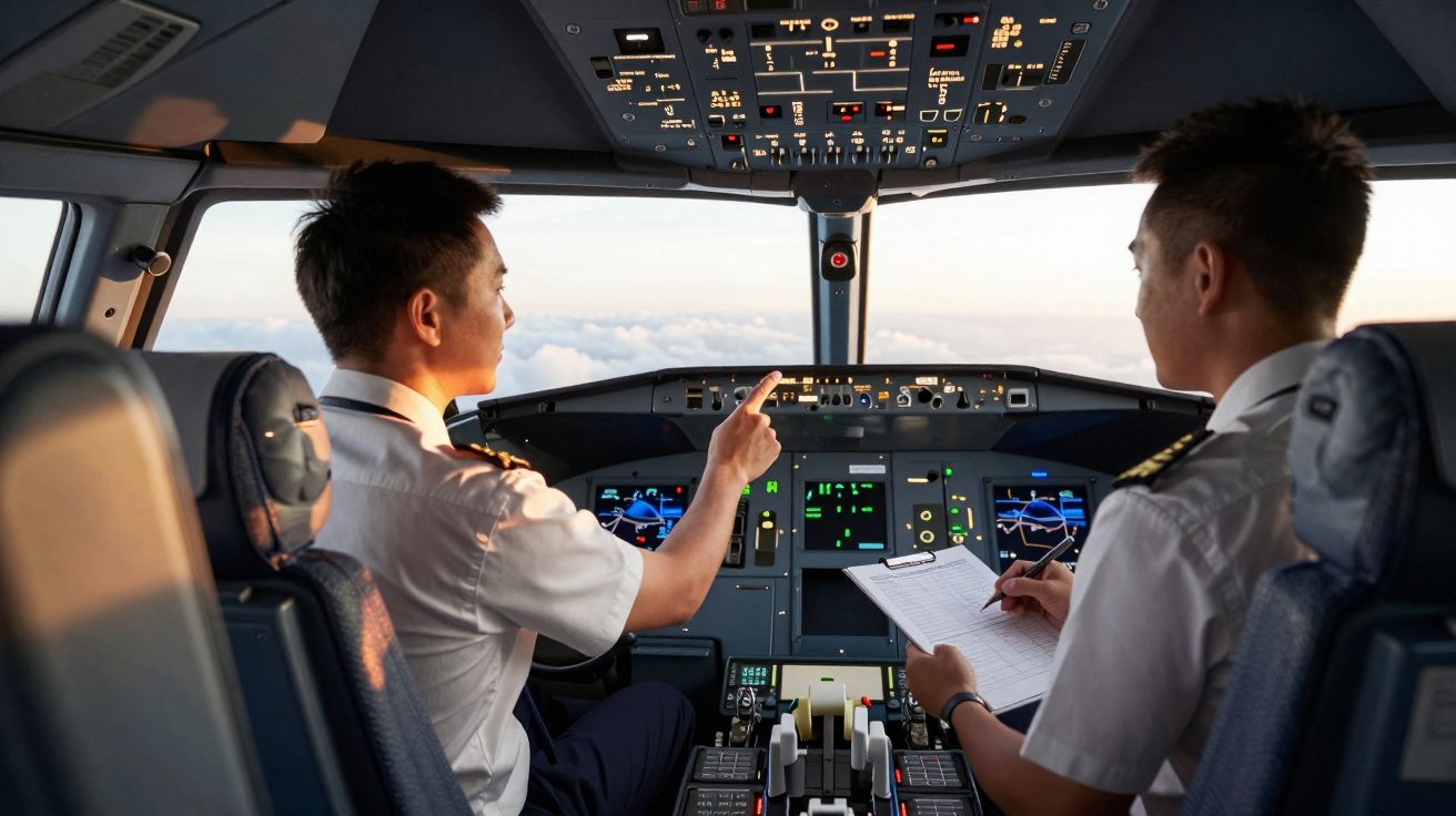 Dois pilotos em uniforme dentro da cabina de comando de um avião durante o voo.