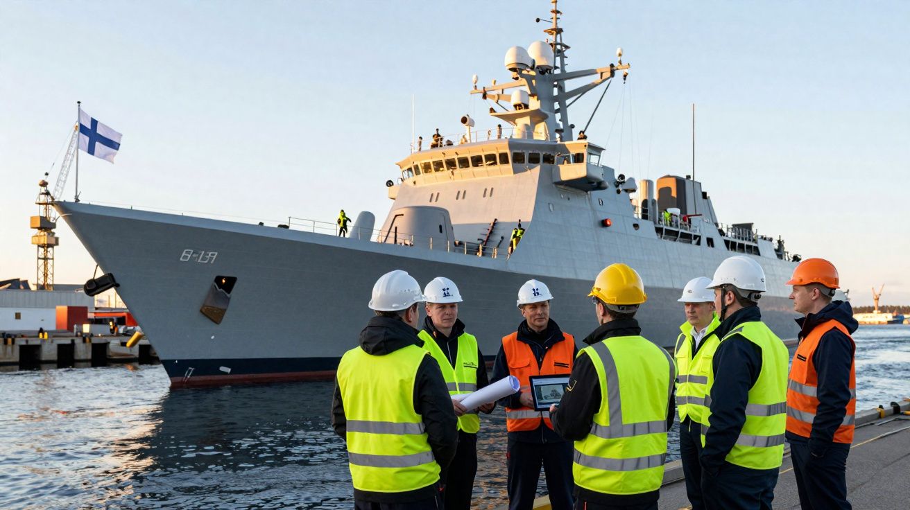 Grupo de trabalhadores com coletes e capacetes reunidos junto a um navio militar atracado num porto.