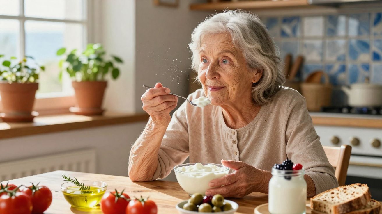 Senhora idosa a sorrir enquanto come iogurte numa cozinha luminosa, com legumes e pão na mesa.