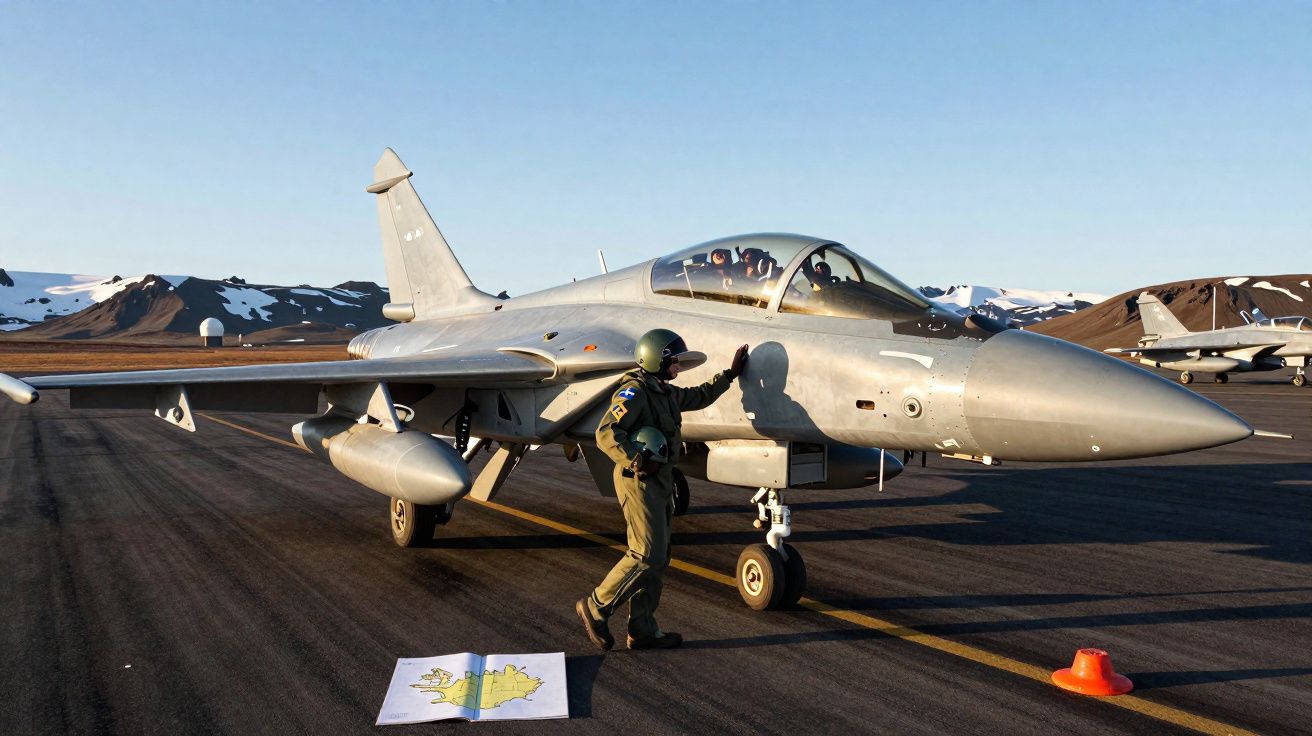 Avião de caça cinzento estacionado numa pista com piloto a cumprimentar pessoa no exterior em ambiente montanhoso.