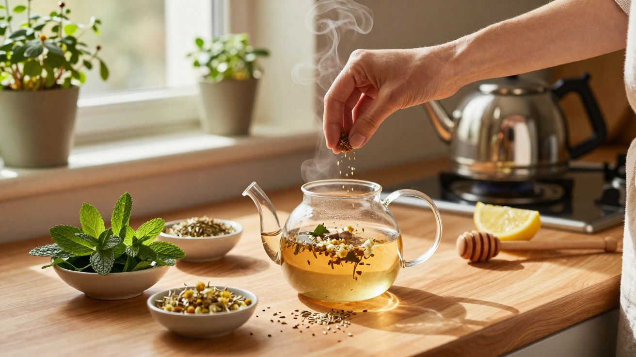 Mão a adicionar ervas a chá quente numa chaleira de vidro, com plantas e fatia de limão no balcão.