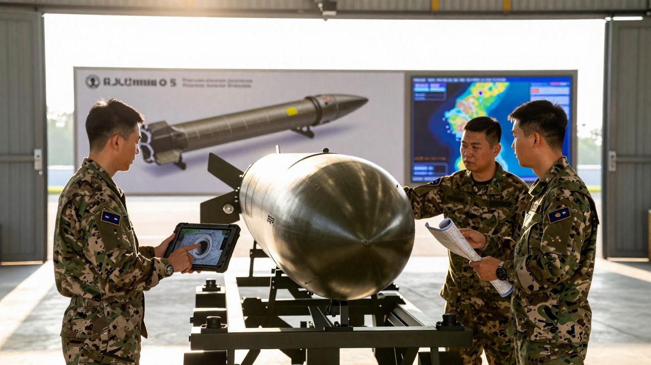 Três militares em uniforme camuflado analisam um grande míssil no interior de um hangar.