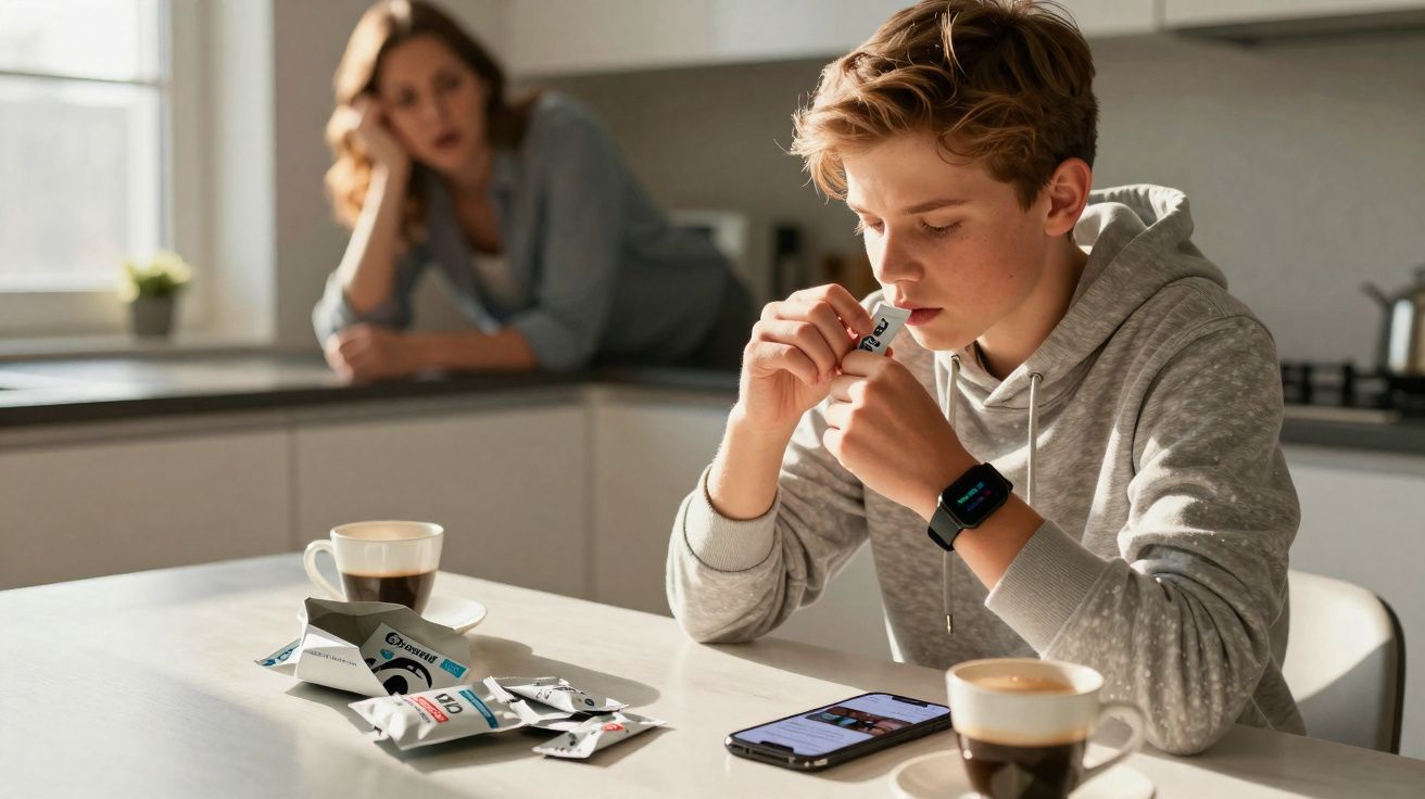 Adolescente sentado à mesa a abrir sachê de gel energético, com mulher ao fundo observando preocupada.