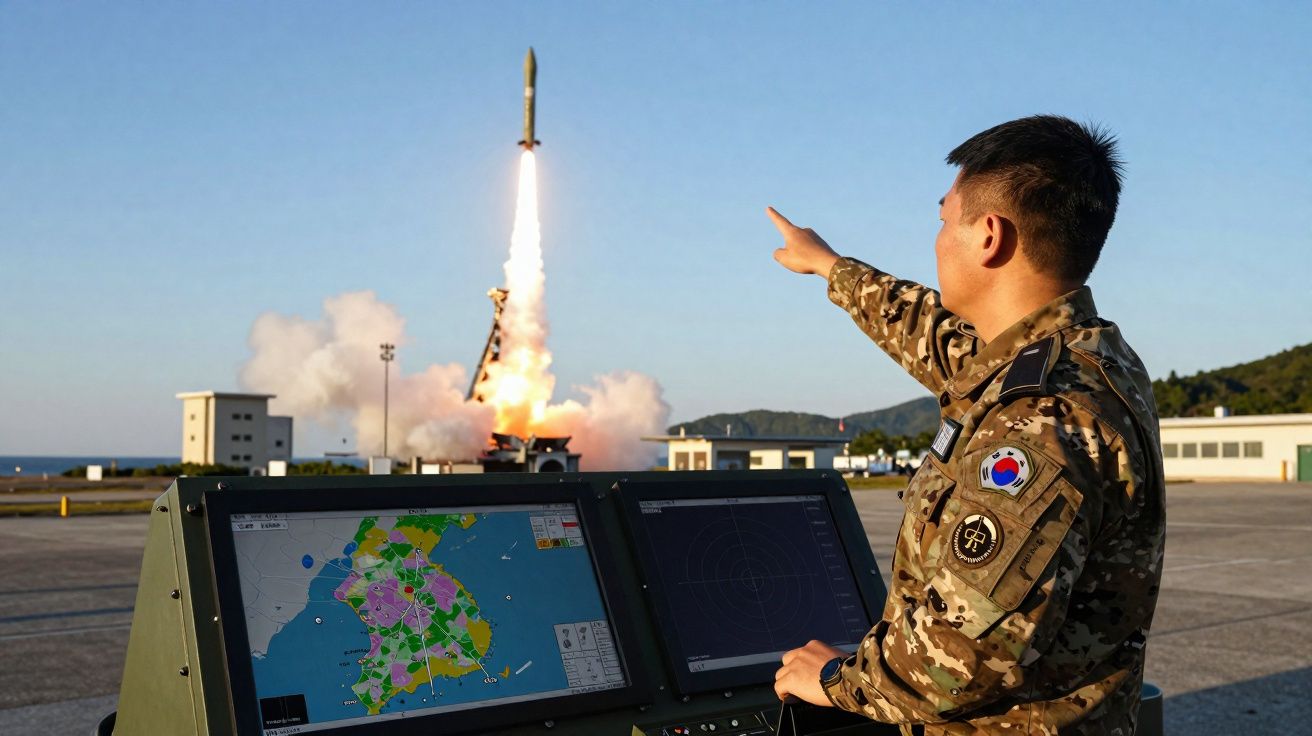 Militar sul-coreano a controlar lançamento de míssil no exterior com monitores de radar à frente.