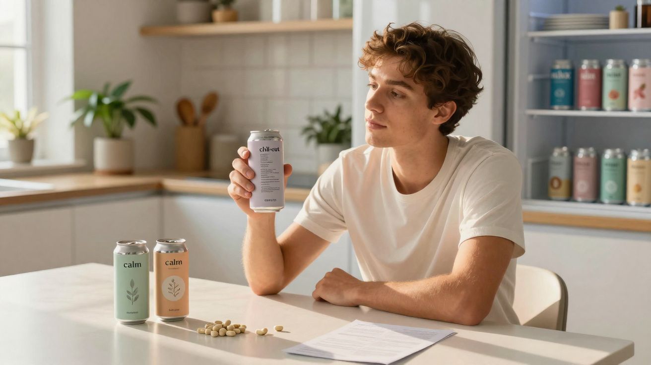 Homem sentado à mesa na cozinha, segurando lata de bebida e com duas outras latas e comprimidos à sua frente.