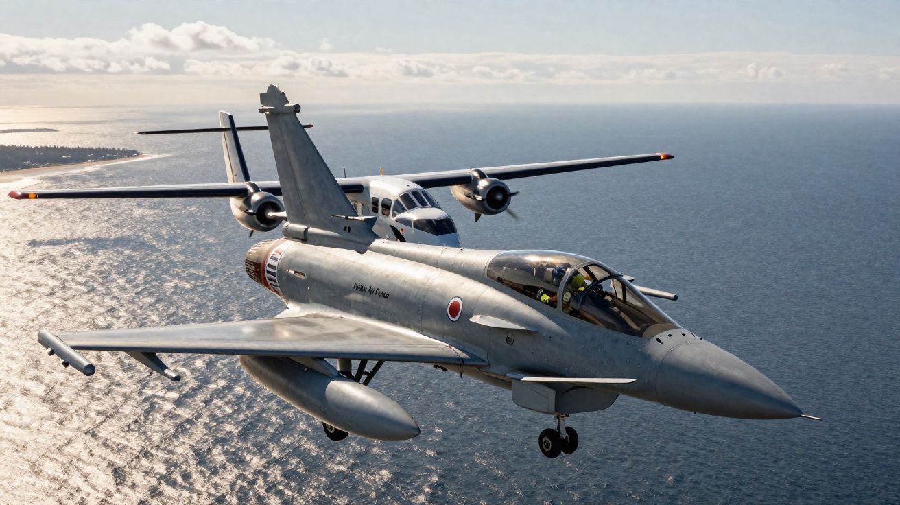 Dois aviões militares voando sobre o mar em céu claro, um a jato e outro a hélice.