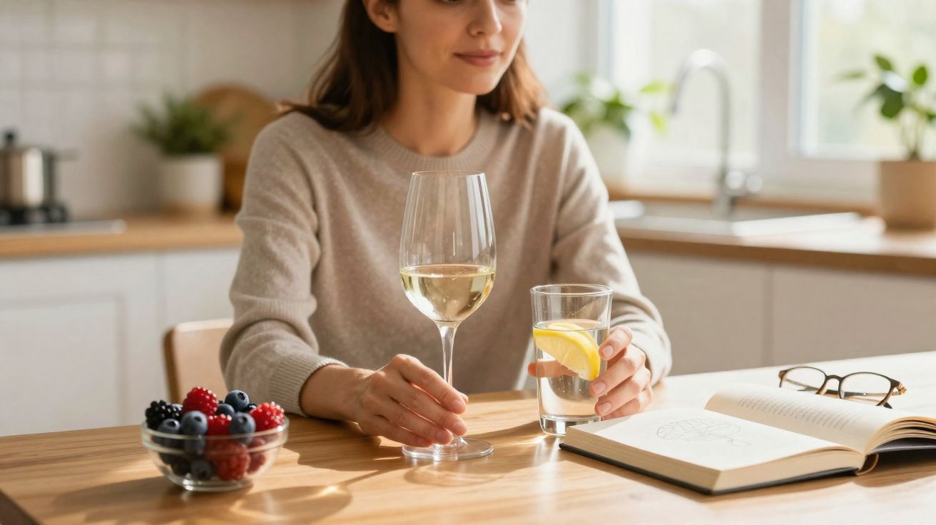 Mulher sentada a uma mesa com copo de vinho branco, copo de água com limão, livro aberto e taça de frutos vermelhos.