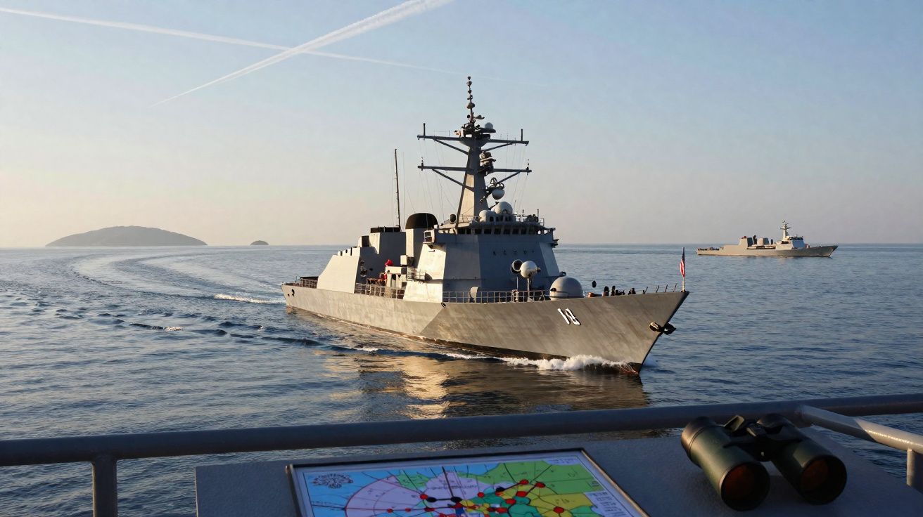 Navios militares no mar com ilha ao fundo, vistos a partir de outra embarcação com mapa e binóculos na proa.