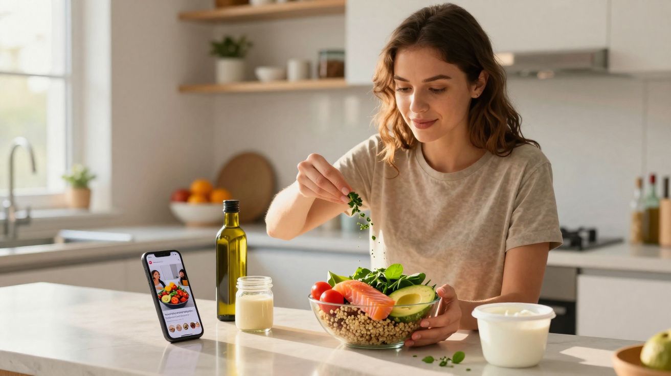 Mulher prepara salada saudável na cozinha usando receita no telemóvel apoiado no balcão.