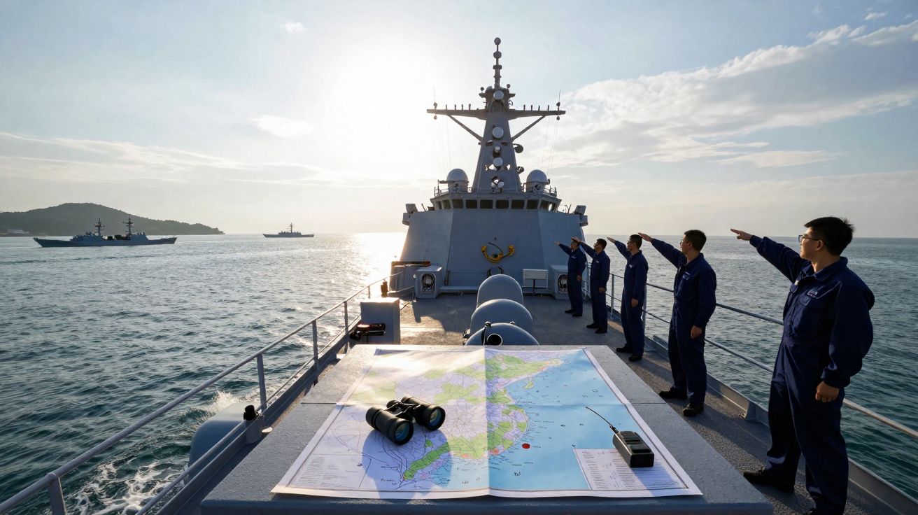 Oficiais militares em navio de guerra com mapa e binóculos apontam para o horizonte no mar ao pôr do sol.