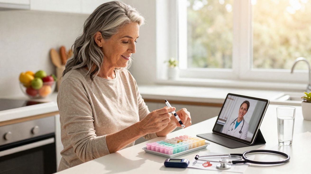 Mulher idosa consulta médica online enquanto manuseia insulina, com medidor de glicose e estetoscópio na mesa.