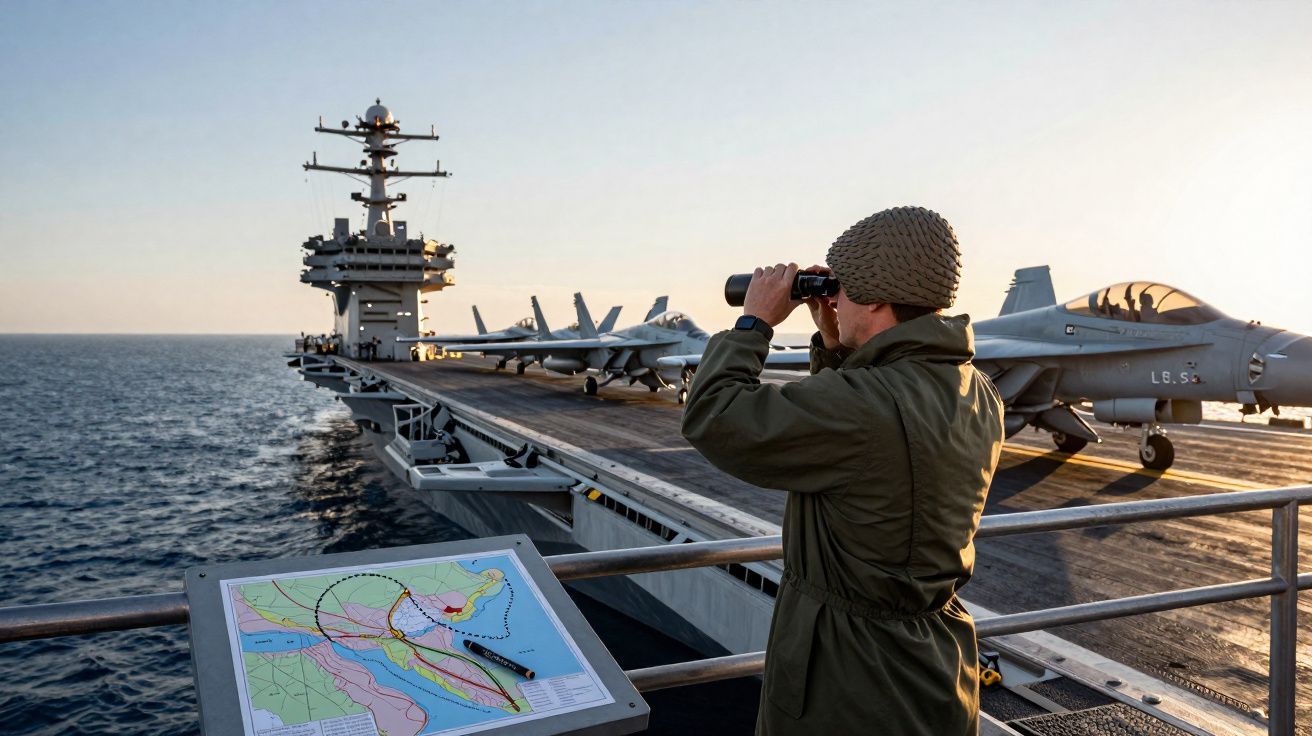 Pessoa com binóculos observa porta-aviões com aviões de caça numa operação militar no mar ao pôr do sol.