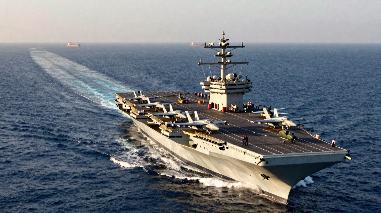 Porta-aviões em alto mar com aviões estacionados no convés e dois navios no horizonte.