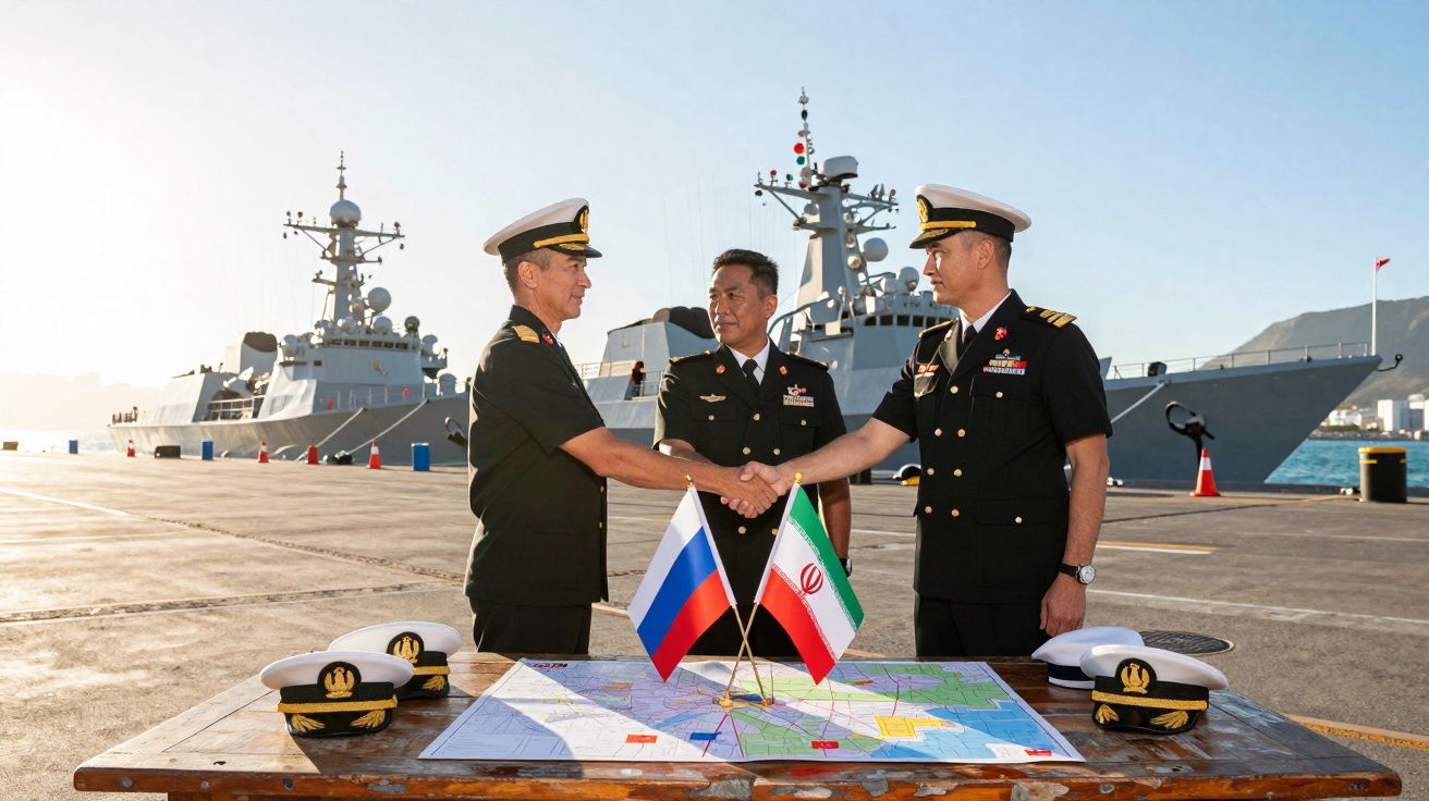 Dois oficiais militares apertam as mãos em cais com navios de guerra ao fundo e bandeiras da Rússia e Irão numa mesa.