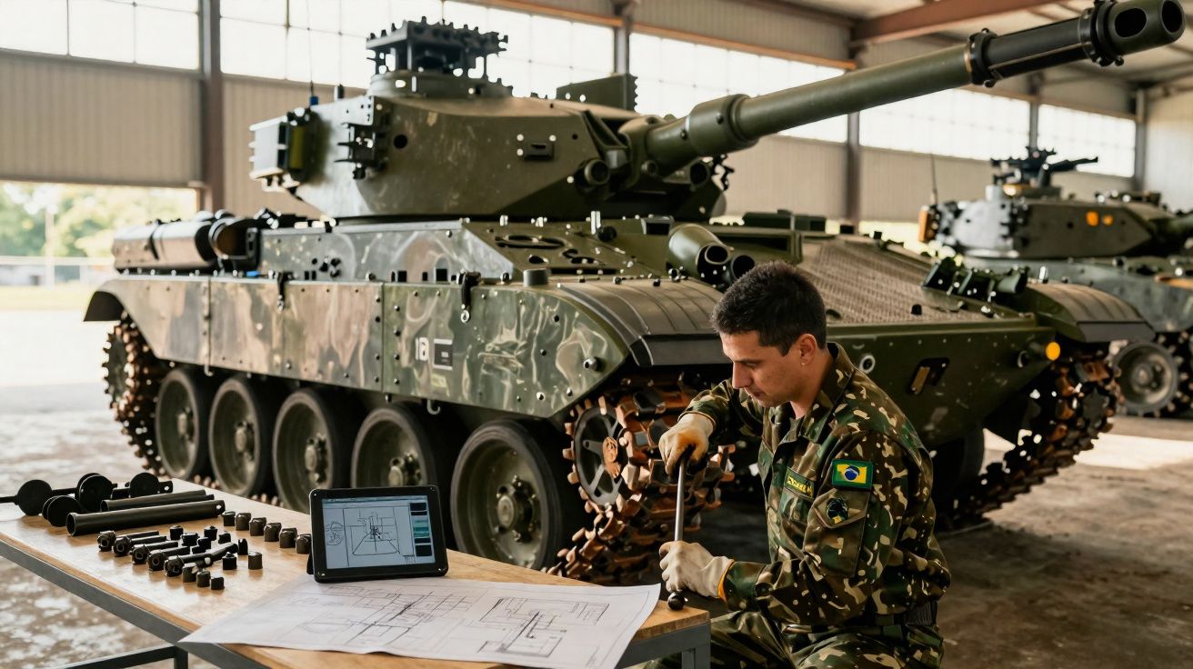 Soldado brasileiro a montar peças ao lado de um tanque militar camuflado numa oficina.
