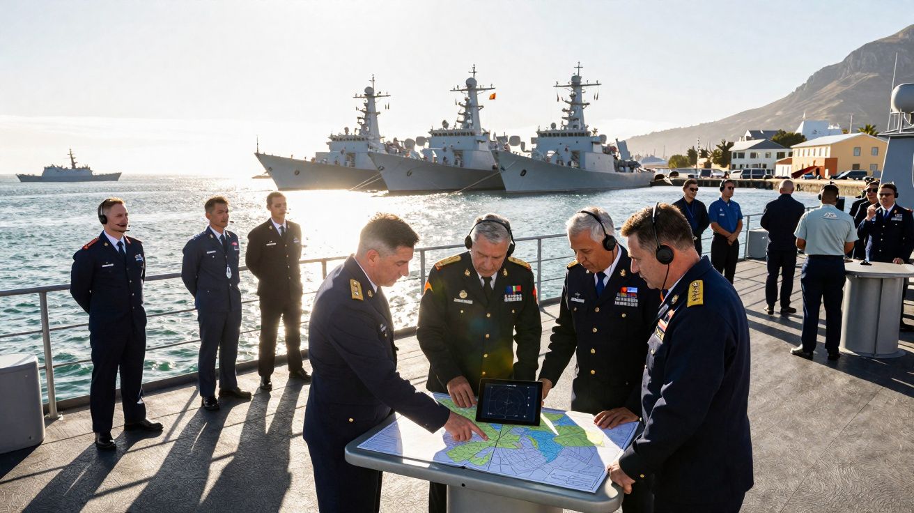 Oficiais militares com fones a analisar mapa náutico próximo a fragatas atracadas ao pôr do sol.