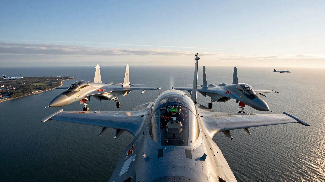 Três caças militares em formação a voar sobre o mar ao pôr do sol, com uma costa visível ao fundo.