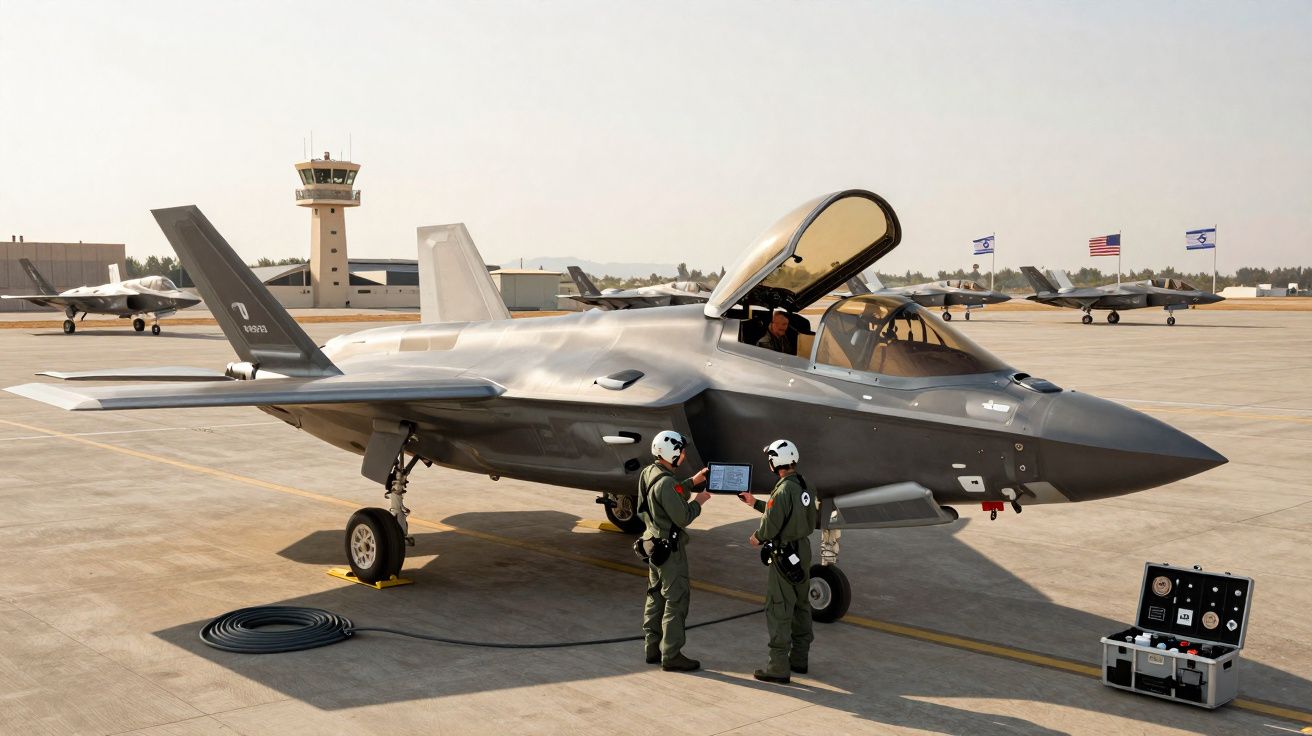 Caça F-35 no solo com piloto na cabine e dois técnicos a analisar painel em base aérea ensolarada.