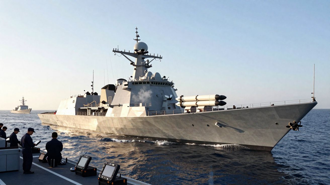 Navio de guerra militar a navegar no mar com marinha a bordo em dia claro e céu limpo.