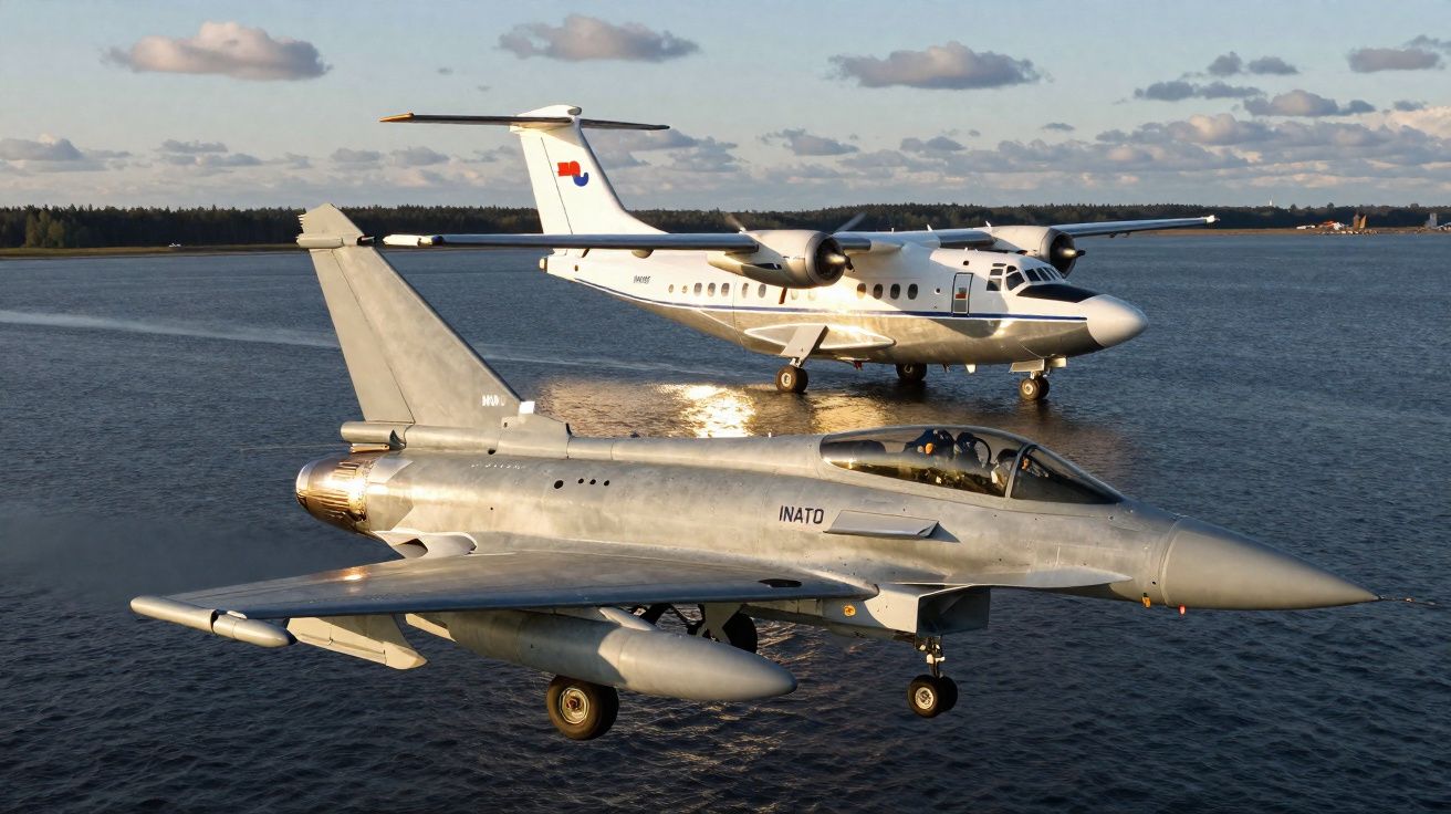 Caça furtivo e hidroavião lado a lado sobre água em céu com nuvens ao pôr do sol.