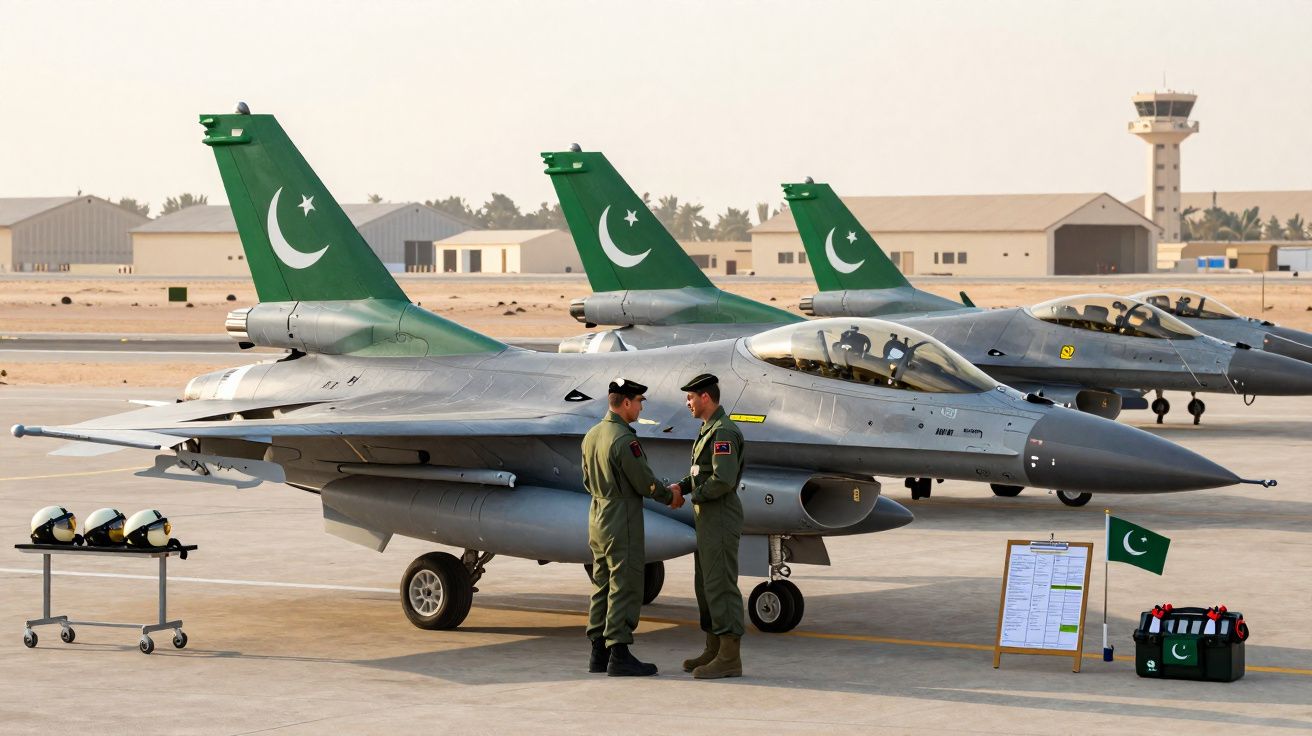 Três caças F-16 com a bandeira do Paquistão na cauda, dois pilotos a vestir farda de piloto apertam as mãos na pista.
