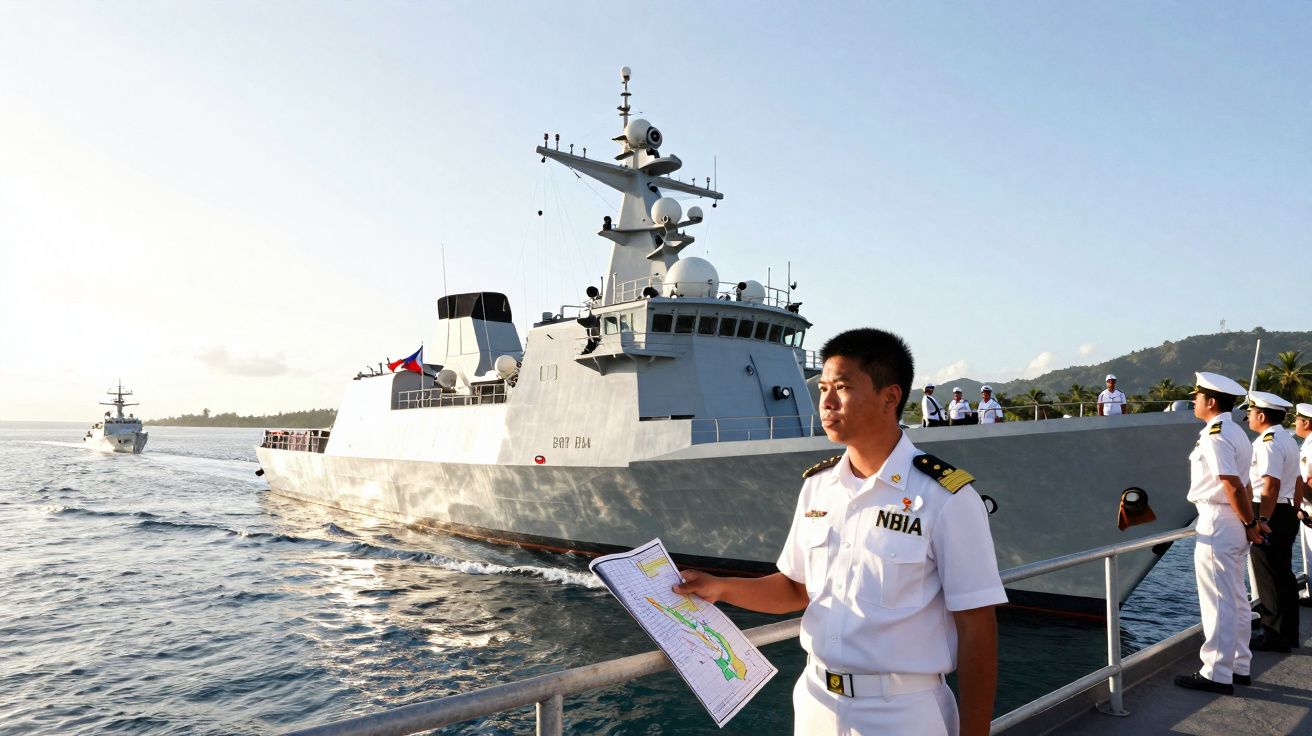 Oficial da marinha com uniforme branco segura mapa perto de navio de guerra ancorado no mar ao pôr do sol.