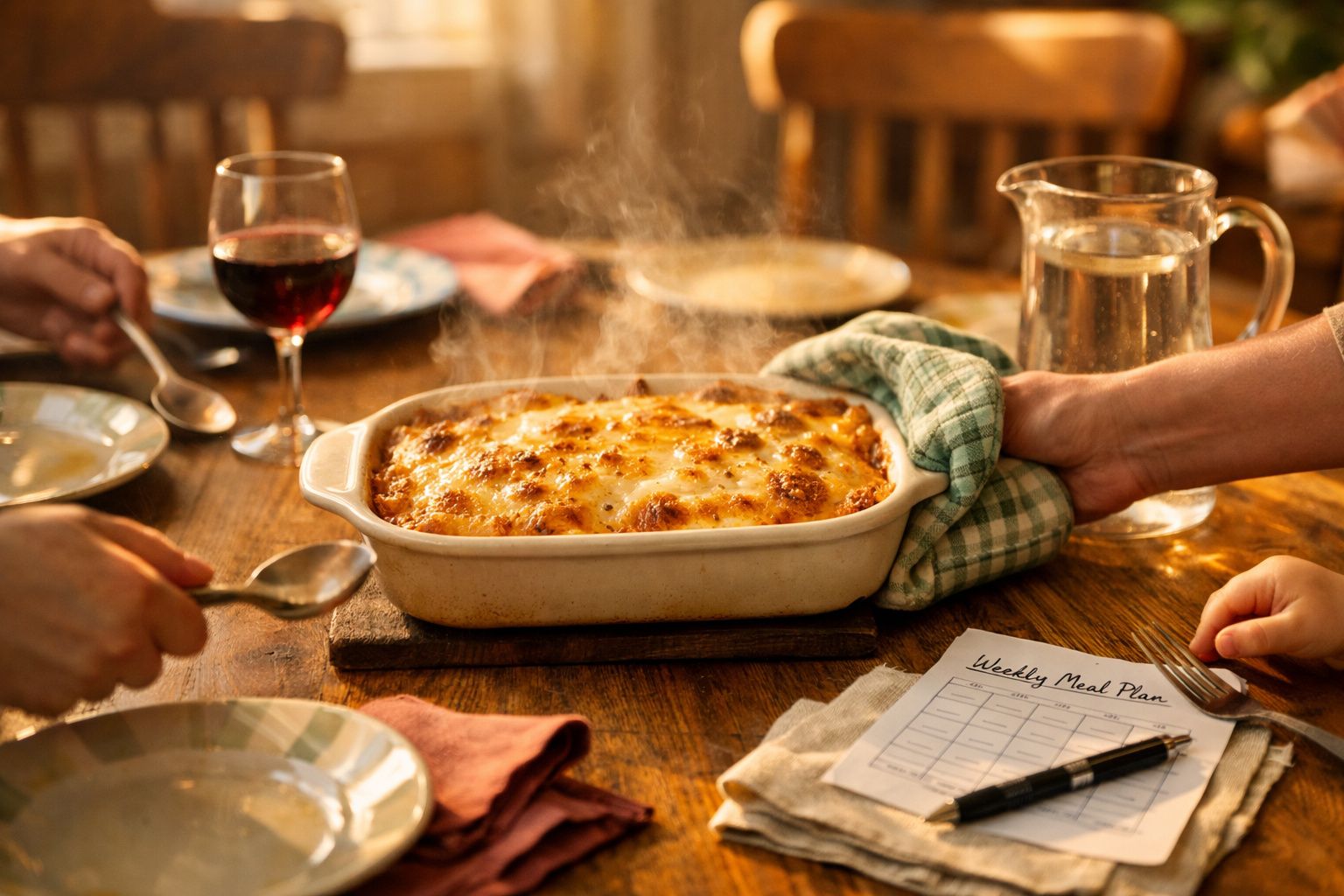 Refogado de carne no forno fumegante numa mesa de madeira com pessoas a preparar-se para comer.
