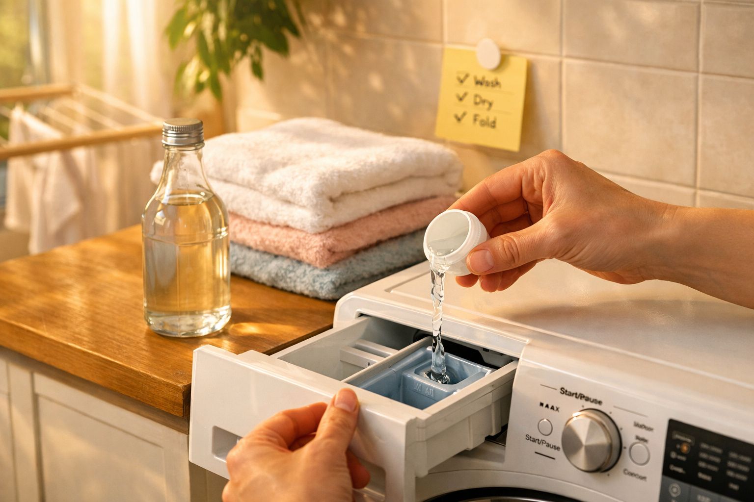 Pessoa a colocar detergente líquido na gaveta de uma máquina de lavar roupa branca, com toalhas ao fundo.