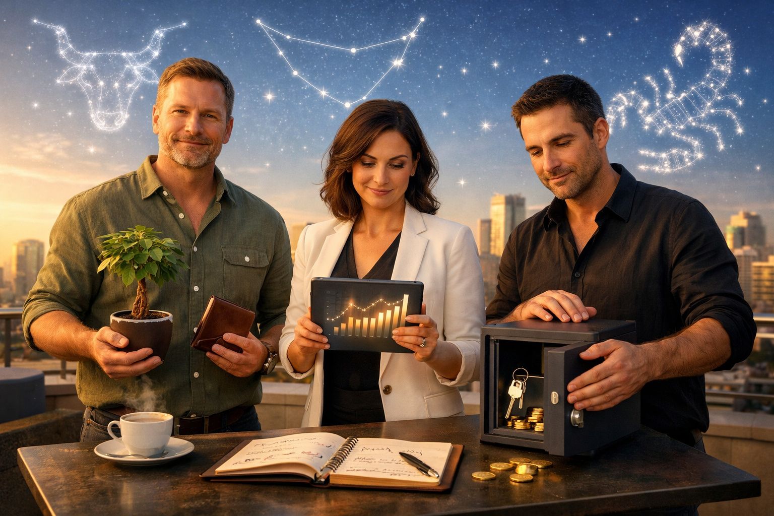 Três pessoas analisam finanças ao ar livre, com gráfico, cofre e planta, no pôr do sol urbano.