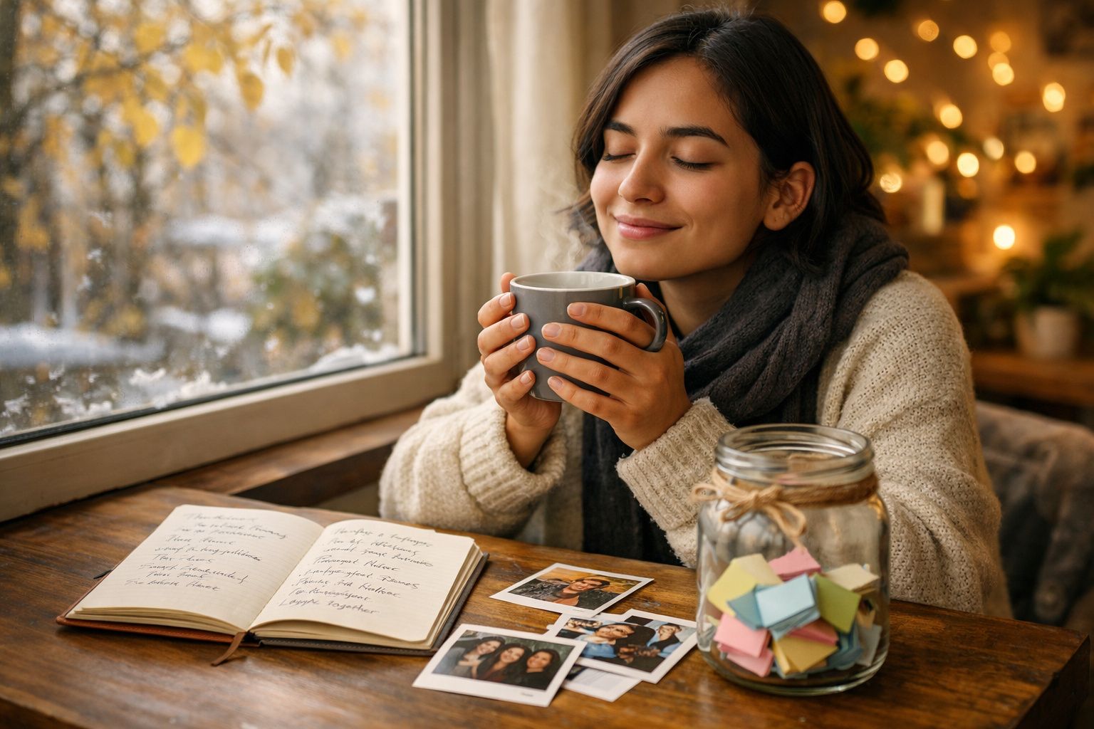 Mulher desfruta de bebida quente perto da janela com diário aberto e jarro com notas coloridas na mesa.