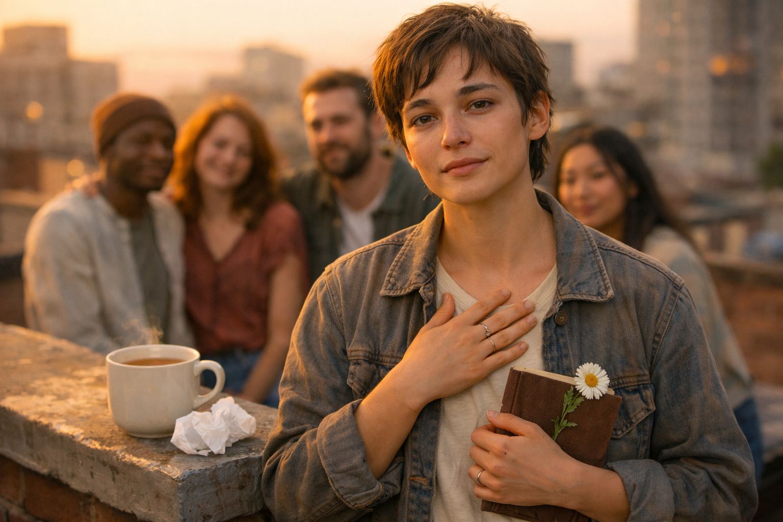 Pessoa com expressão serena segura livro com flor, grupo de amigos desfocado ao fundo, ambiente ao ar livre.