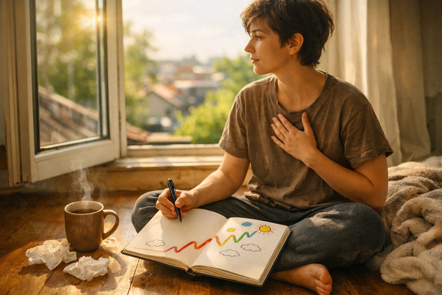 Pessoa sentada no chão junto a janela aberta, segurando caneta e observando gráfico colorido num caderno.