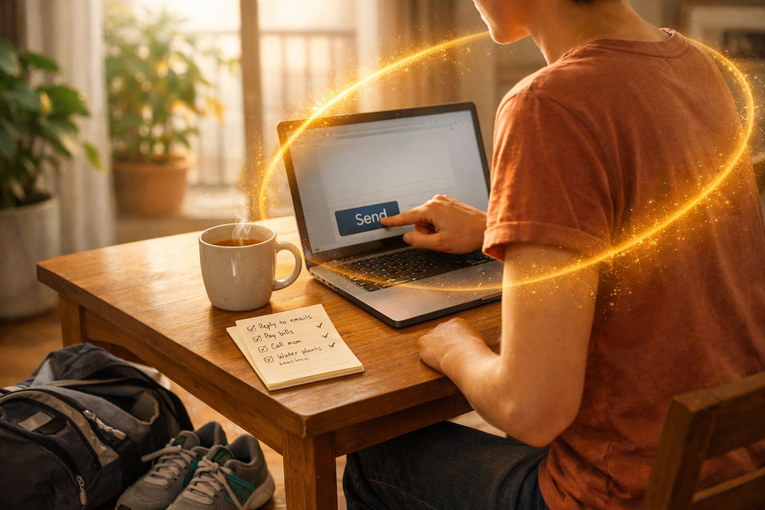 Pessoa a enviar mensagem num portátil numa mesa com chá e lista de tarefas marcadas num bloco de notas.