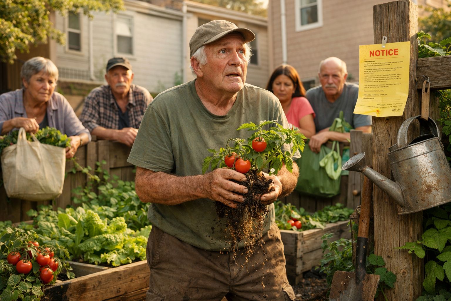 Homem idoso segurando planta de tomate num jardim comunitário com várias pessoas ao fundo.