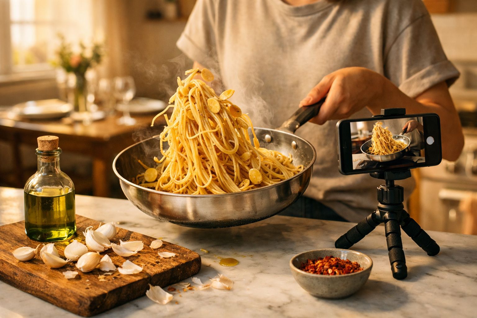 Pessoa a cozinhar esparguete com alho e a filmar o processo com um smartphone num tripé.