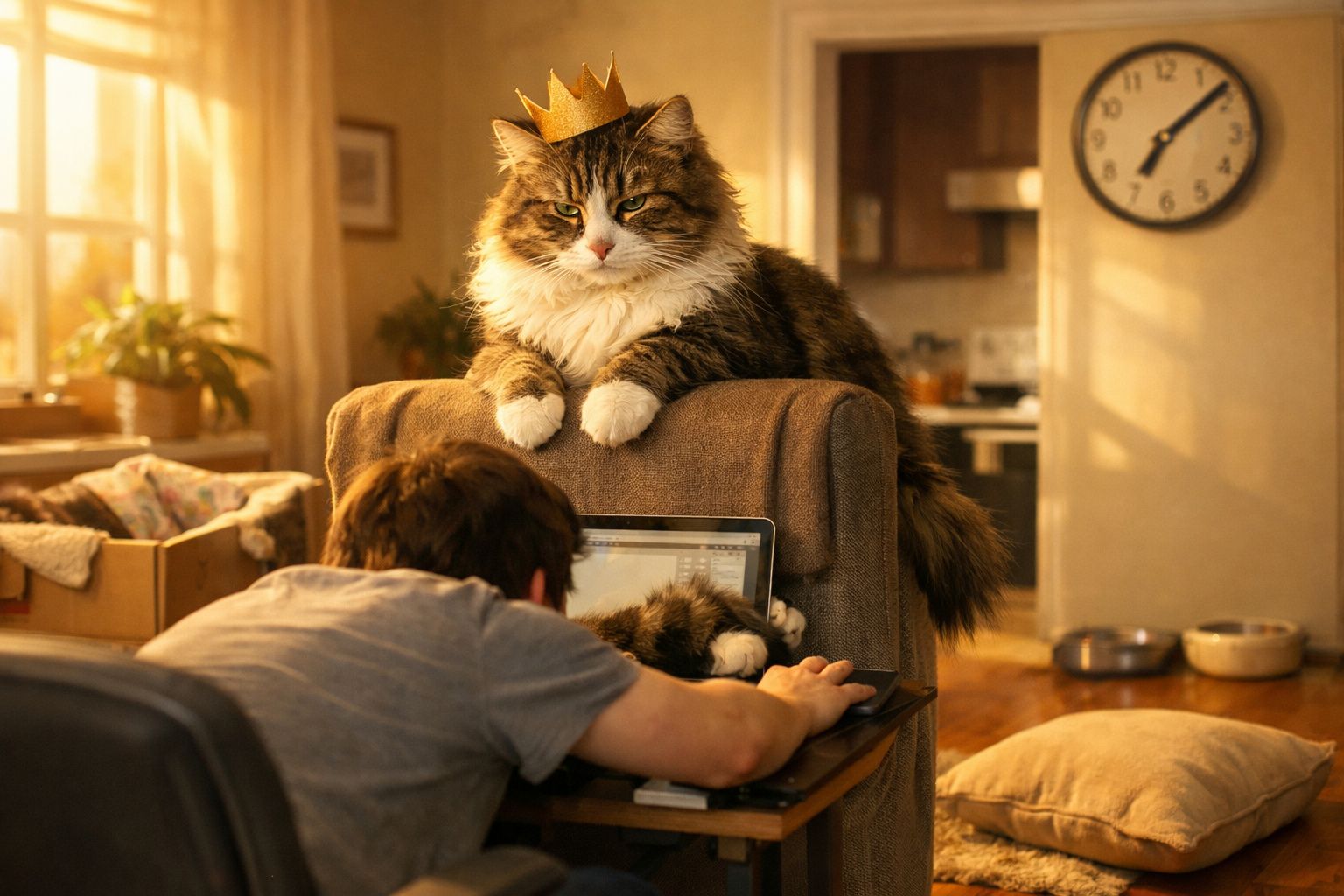 Gato grande com coroa sentado no sofá enquanto pessoa inclina-se sobre computador portátil junto à sua pata.