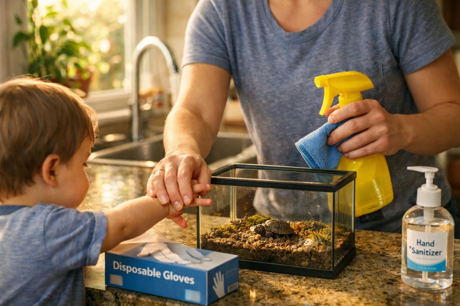 Criança e adulto a limpar um aquário com tartarugas numa cozinha, com produtos de limpeza visíveis na bancada.