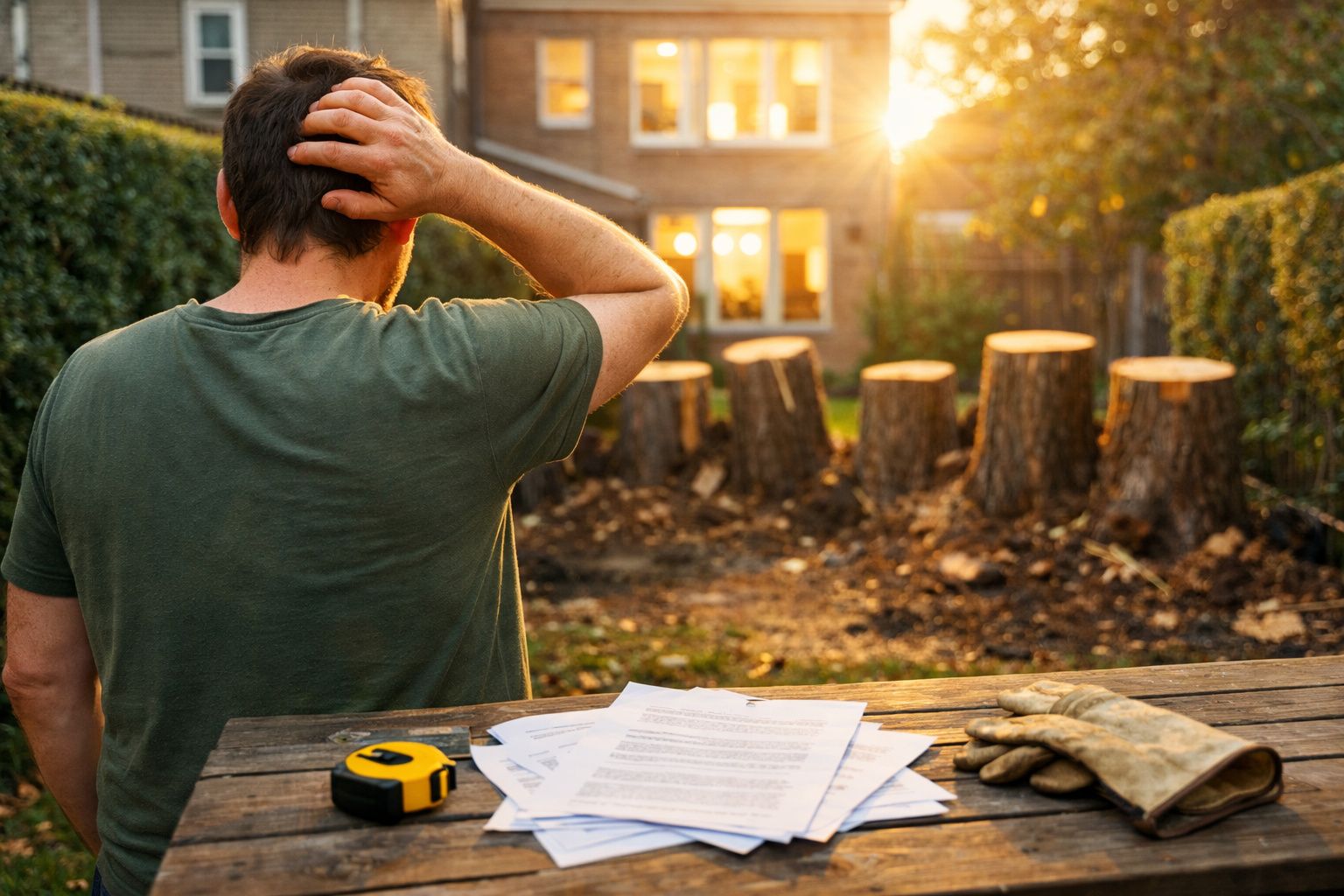 Homem de costas com mão na cabeça observa a remoção de árvores no jardim de casa ao pôr do sol.