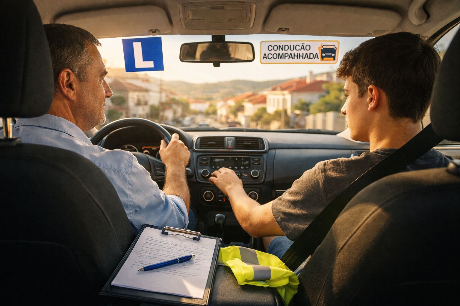 Aluno a conduzir carro com instrutor ao lado e placa de condução acompanhada no vidro dianteiro.