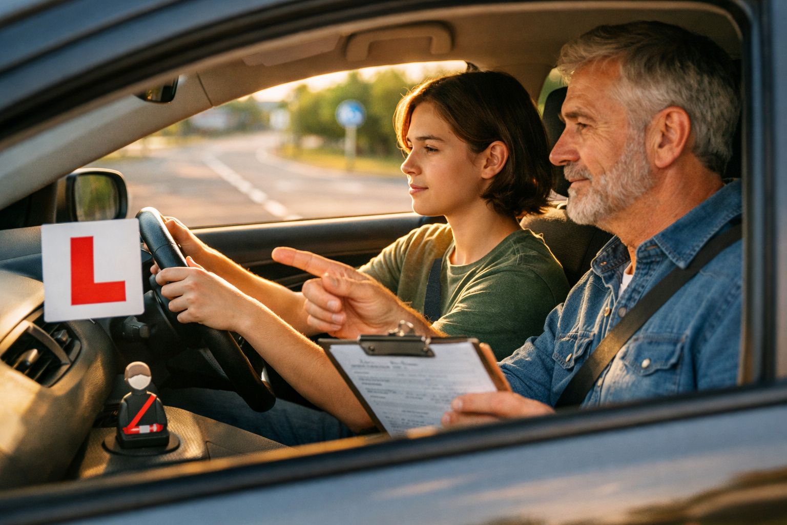 Instrutor de condução sénior a ensinar jovem mulher a conduzir num carro com placa de aprendiz.