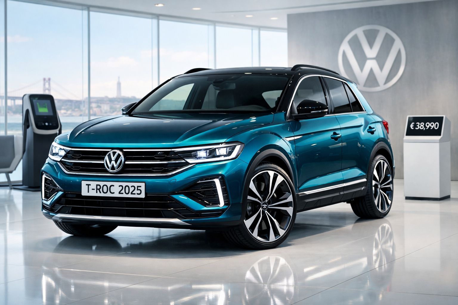 Carro Volkswagen T-Roc 2025 azul em exposição numa concessionária com preço visível de €38,990.