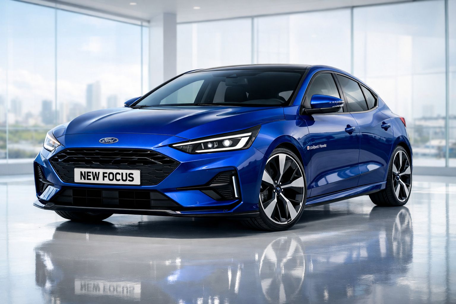 Carro Ford New Focus azul estacionado em interior moderno com janelas grandes e vista urbana desfocada.