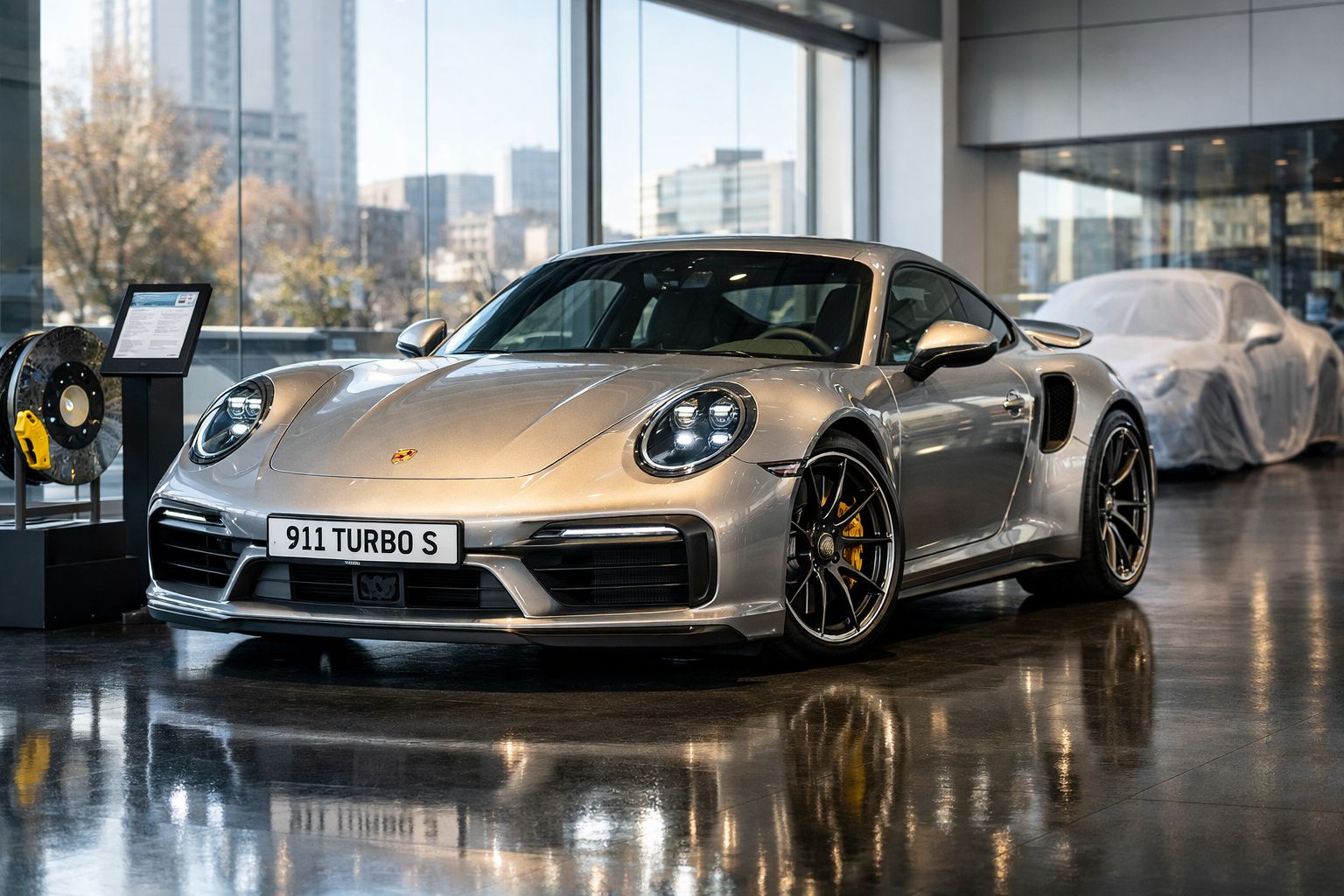 Carro desportivo prata Porsche 911 Turbo S em exposição numa garagem com chão espelhado.