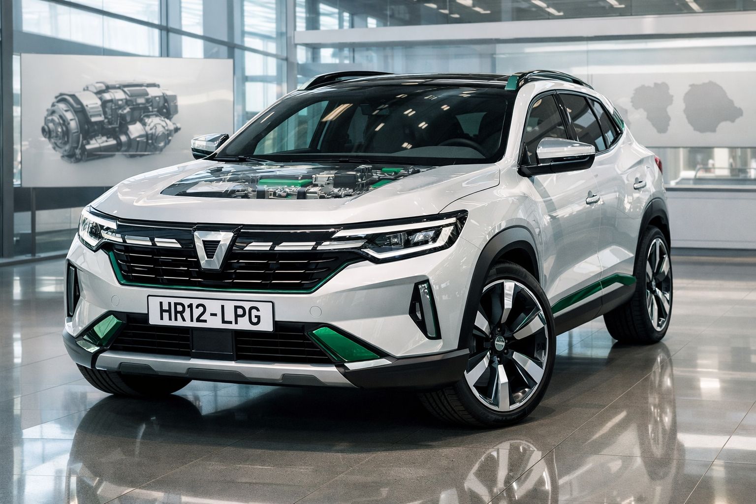Carro elétrico branco com capô transparente exibindo motor, em exposição numa sala moderna.