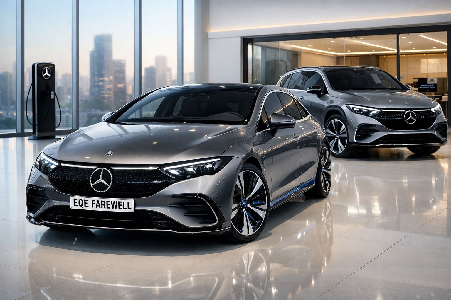 Dois carros eléctricos Mercedes-Benz cinzentos expostos num showroom moderno com vista para a cidade.