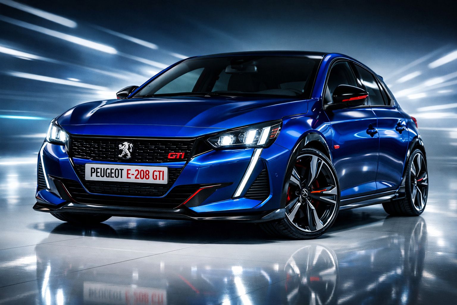 Carro desportivo Peugeot E-208 GTI azul com luzes LED e rodas grandes, em ambiente iluminado futurista.