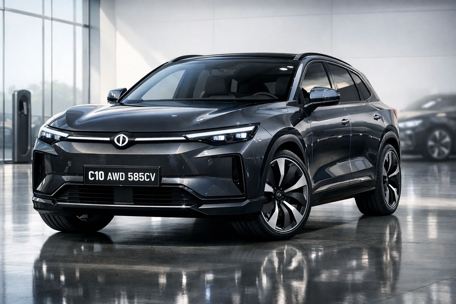 SUV elétrico cinzento escuro estacionado em espaço interior com chão refletor e parede de vidro.